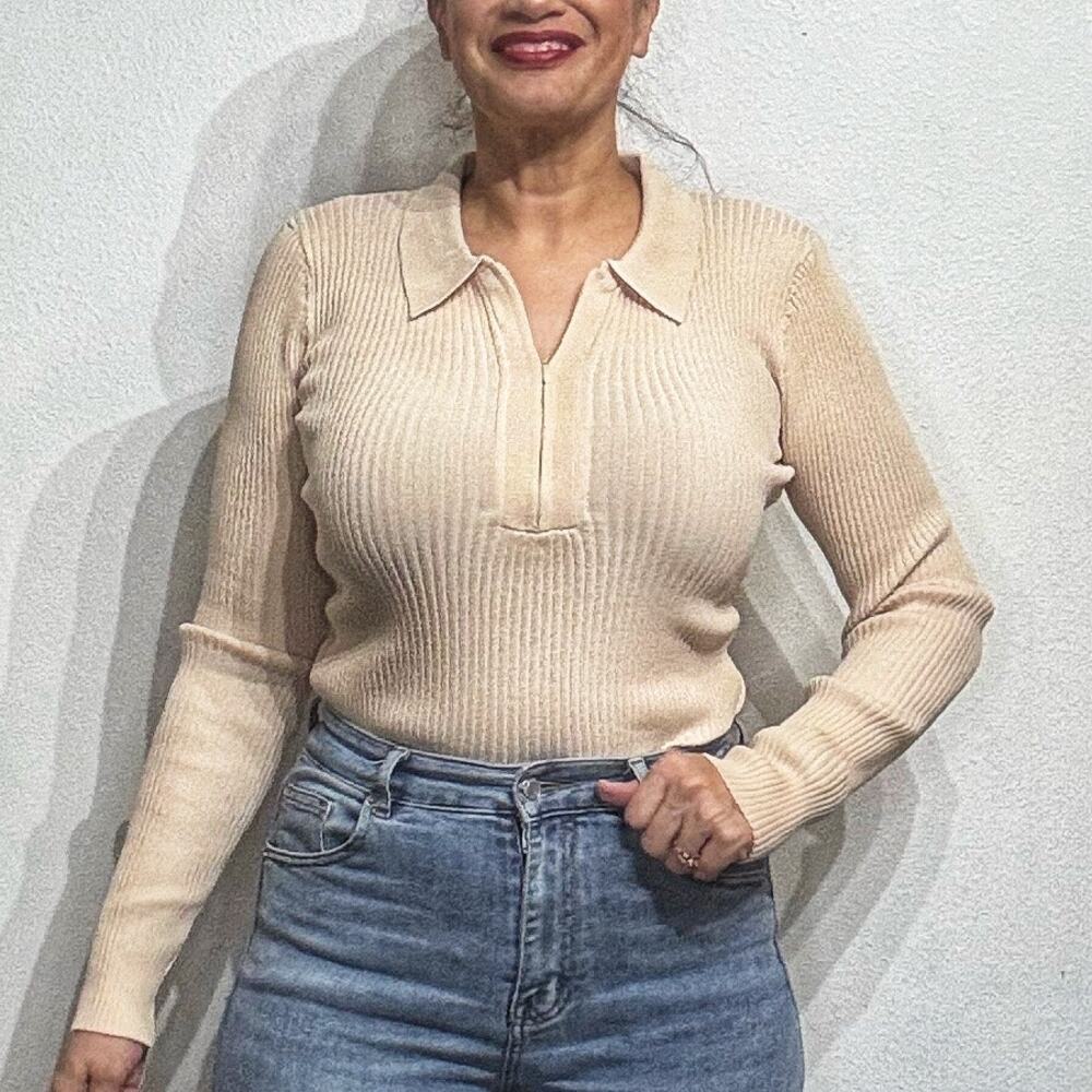 Cider Beige Ribbed Long Sleeve Bodysuit Sz L NWT